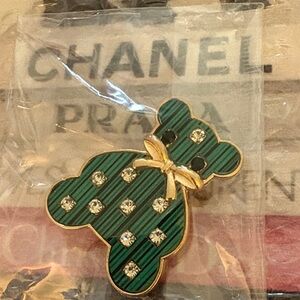 Gold-Tone Green Striped Teddy Pin with Crystal Accents